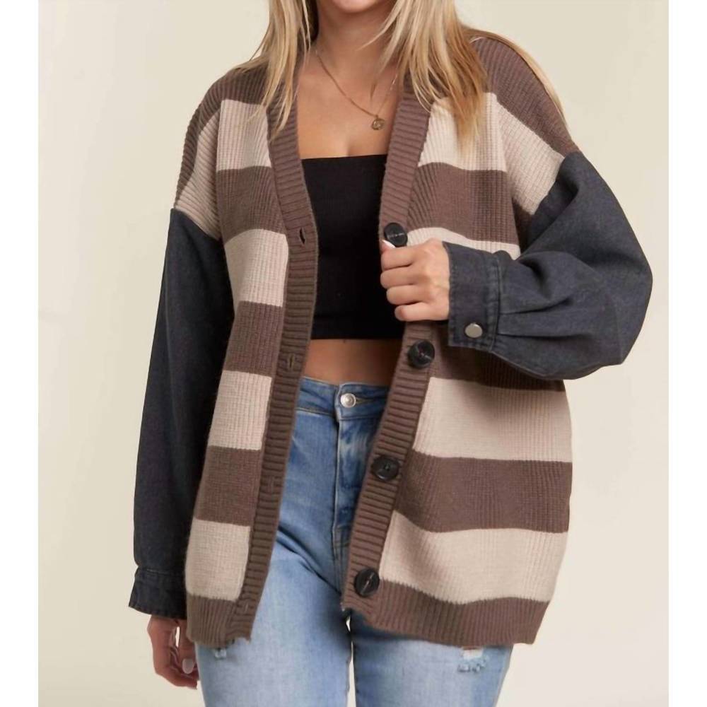NEW MADELYN denim sleeve stripe sweater cardigan in mocha